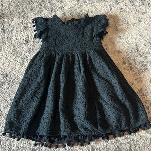 Girls Black Lace Pom-Pom Hem Formal Dress